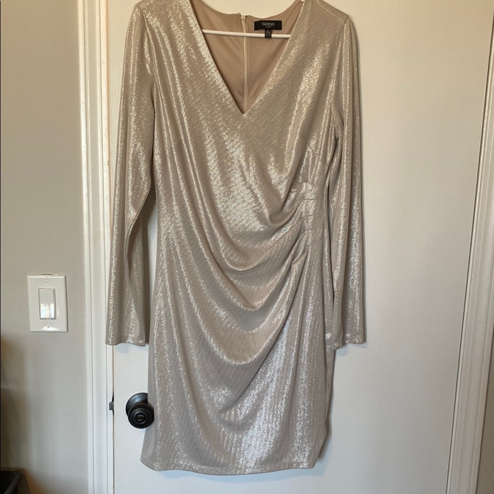 Guess Shimmering Silver Long Sleeve Dress